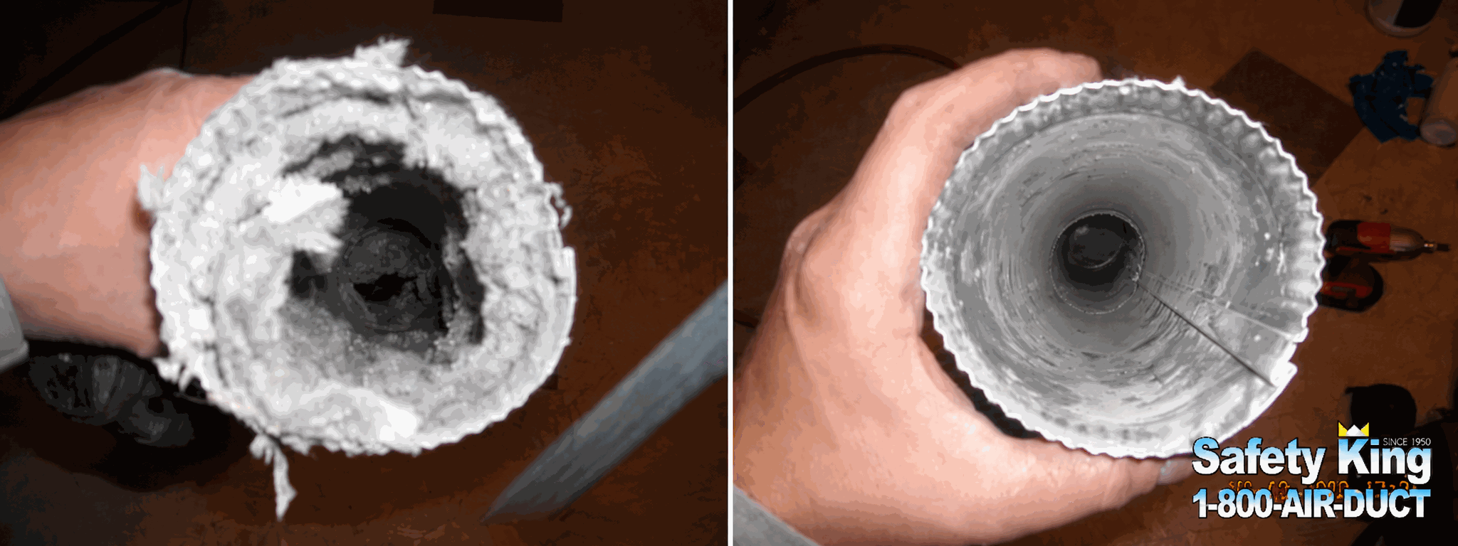 Before and after view of lint buildup removed from a dryer exhaust duct