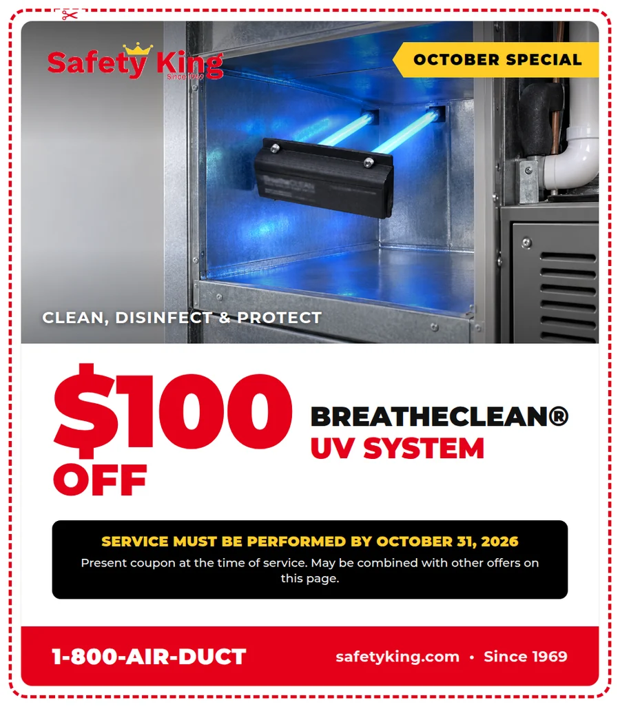 $100 off BreatheCLEAN UV system coupon from Safety King, valid through October 31, 2026
