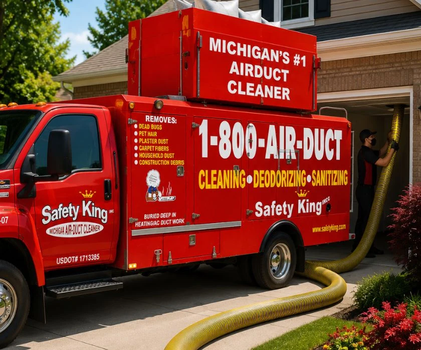 Safety King air duct cleaning truck with vacuum hose running into a Michigan home garage